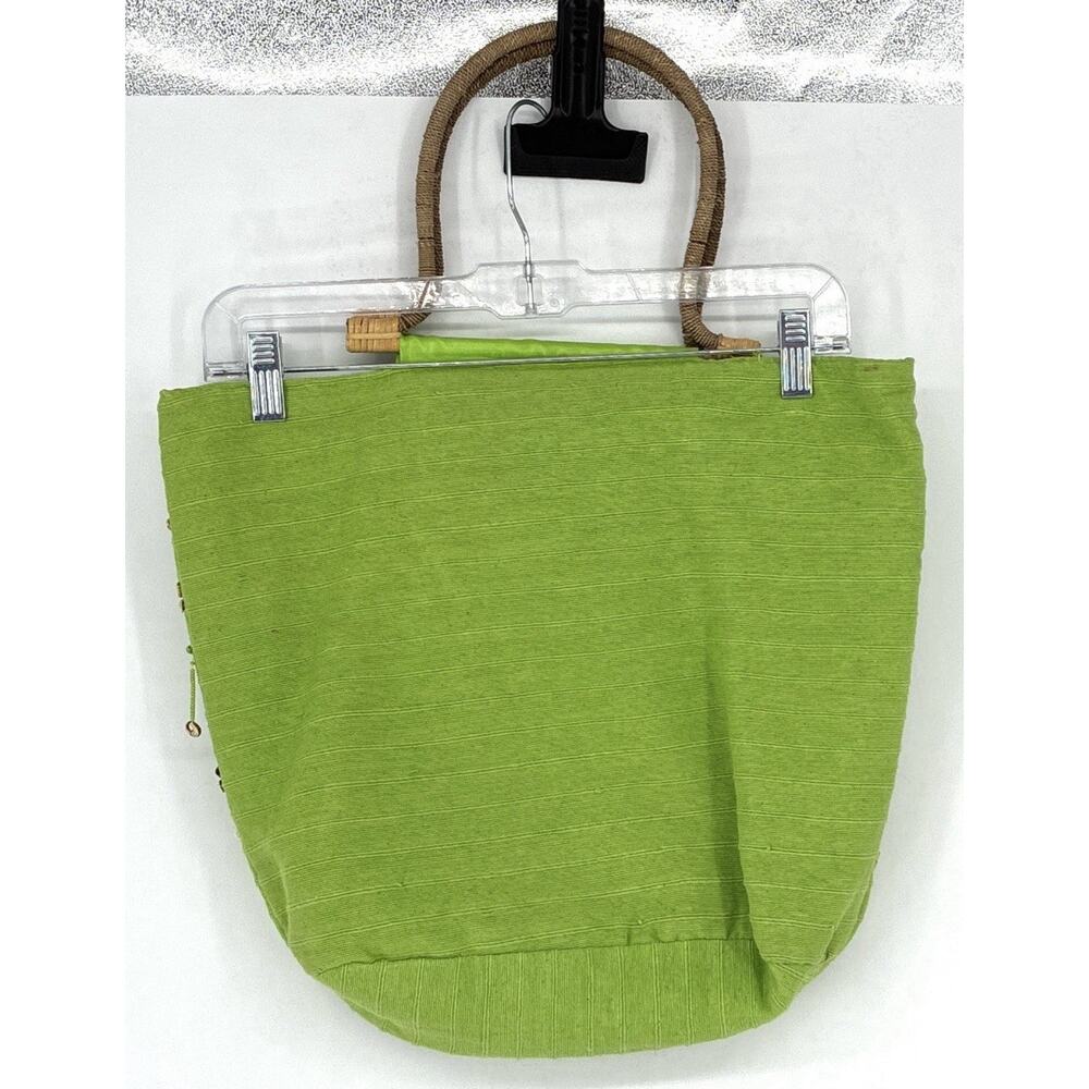 Wayan Natural Wears Wrapped Wooden Curved Handle Texture Green Fringe Shells Bag - Picture 3 of 12
